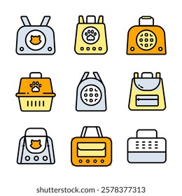 Pet Carrier Color Symbol Collection. Pet Accessories Icon for Dogs and Cats. Simple Icons for Pet Shops, Veterinary Care, and Animal Hygiene. Vector Icons for Website Design, Mobile app, ui.