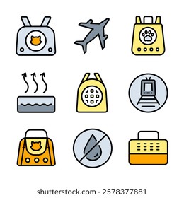 Pet Carrier Color Symbol Collection. Pet Accessories Icon for Dogs and Cats. Simple Icons for Pet Shops, Veterinary Care, and Animal Hygiene. Vector Icons for Website Design, Mobile app, ui.