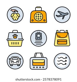 Pet Carrier Color Symbol Collection. Pet Accessories Icon for Dogs and Cats. Simple Icons for Pet Shops, Veterinary Care, and Animal Hygiene. Vector Icons for Website Design, Mobile app, ui.