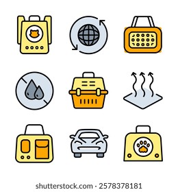 Pet Carrier Color Symbol Collection. Pet Accessories Icon for Dogs and Cats. Simple Icons for Pet Shops, Veterinary Care, and Animal Hygiene. Vector Icons for Website Design, Mobile app, ui.