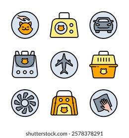 Pet Carrier Color Symbol Collection. Pet Accessories Icon for Dogs and Cats. Simple Icons for Pet Shops, Veterinary Care, and Animal Hygiene. Vector Icons for Website Design, Mobile app, ui.