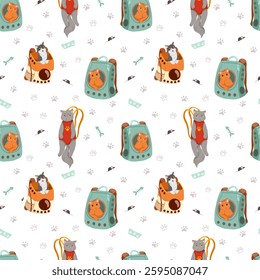 Pet carrier with funny cats seamless pattern on white background. Backpack carrier for animals. Container for animals. Animal transport box. Vector hand drawn cartoon illustration