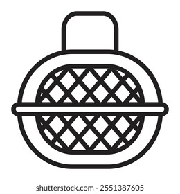 Pet carrier with lattice and handle, carrying basket for cats and dogs, animal cage pictogram, black editable stroke, vector single monochrome illustration