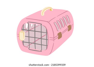 Pet carrier with metal door. Pink carrier to transport animals in voyages. Vector illustration in cute doodle style