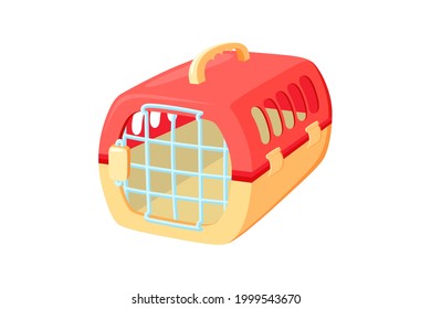 Pet carrier with metal door. Red and orange carrier to transport animals in voyages. Vector illustration in cute cartoon style