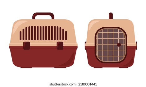 Pet Carrier On Both Sides. Empty Cage. With Handle And Door. Portable Container For Animal Transportation. Care. Red-beige Color. White Background. Flat Vector Illustration.