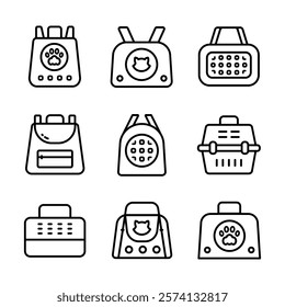 Pet Carrier Outline Symbol Collection. Pet Accessories Icon for Dogs and Cats. Simple Icons for Pet Shops, Veterinary Care, and Animal Hygiene. Vector Icons for Website Design, Mobile app, ui.