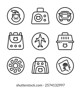 Pet Carrier Outline Symbol Collection. Pet Accessories Icon for Dogs and Cats. Simple Icons for Pet Shops, Veterinary Care, and Animal Hygiene. Vector Icons for Website Design, Mobile app, ui.