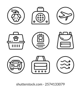 Pet Carrier Outline Symbol Collection. Pet Accessories Icon for Dogs and Cats. Simple Icons for Pet Shops, Veterinary Care, and Animal Hygiene. Vector Icons for Website Design, Mobile app, ui.