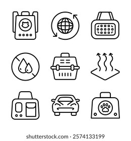 Pet Carrier Outline Symbol Collection. Pet Accessories Icon for Dogs and Cats. Simple Icons for Pet Shops, Veterinary Care, and Animal Hygiene. Vector Icons for Website Design, Mobile app, ui.