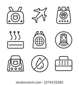 Pet Carrier Outline Symbol Collection. Pet Accessories Icon for Dogs and Cats. Simple Icons for Pet Shops, Veterinary Care, and Animal Hygiene. Vector Icons for Website Design, Mobile app, ui.