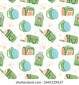 Pet carrier seamless pattern. Domestic animal transportation box endless background. cover. Hand bag and backpack for cat for outdoor. Vector flat illustration.
