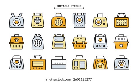 Pet Carrier Symbol Collection. Editable stroke. Pet Accessories Icon for Dogs and Cats. Simple Icons for Pet Shops, Veterinary Care, and Animal Hygiene. Vector Icons for Website Design, Mobile app, ui