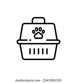 Pet carrier symbol. Comfortable animal travel. Cat carrier outline vector icon. Cage cat and dog. Carrier crate. Animals. Isolated vector illustration.