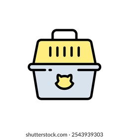 Pet carrier symbol. Comfortable animal travel. Cat carrier color vector icon. Cage cat and dog. Carrier crate. Animals. Isolated vector illustration.