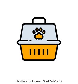 Pet carrier symbol. Comfortable animal travel. Cat carrier color vector icon. Cage cat and dog. Carrier crate. Animals. Isolated vector illustration.