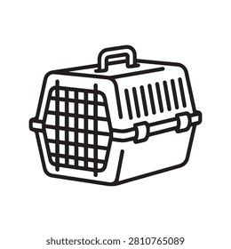Pet carrier vector icon. Plastic crate for transporting cats and dogs. Line art illustration.