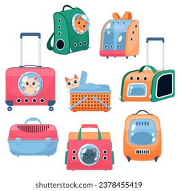 Pet carriers and bags. Cats in different plastic transporters with windows for muzzles, travel and movement with animals, bags, backpacks and portable containers cartoon flat isolated vector set