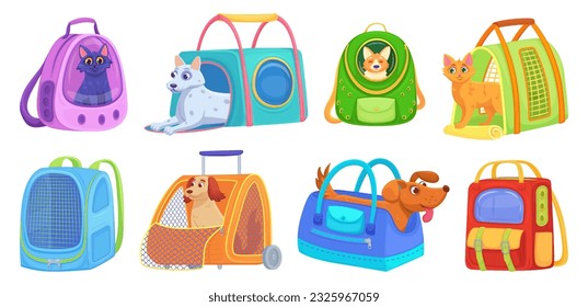 Pet carriers. Pets carriages for animal convenience in journey, travel crate of dog or cat traveller, container with cage plane transportation, vector illustration of carrier cage and container