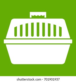 Pet carry case icon white isolated on green background. Vector illustration
