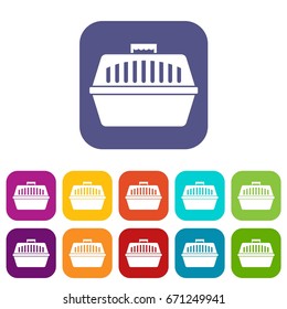 Pet carry case icons set vector illustration in flat style In colors red, blue, green and other