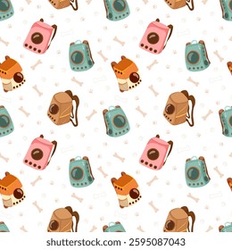 Pet carry case seamless pattern on white background. Backpack carrier for animals, dog and cat. Container for animals. Animal transport box. Vector hand drawn cartoon illustration