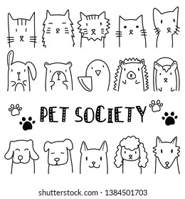 Pet Cartoon Hand Draw Doodle Animal Vector Icon Include Dog, Cat, Ratbbit, Hamster, Bird, Hedhedge And Squirel Illustration For Decorate.