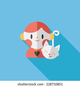 Pet cat and boy friendship flat icon with long shadow,eps10