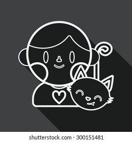 Pet cat and boy friendship flat icon with long shadow, line icon