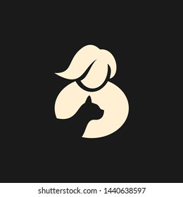 pet cat care training logo, women hug kitty icon design vector illustration