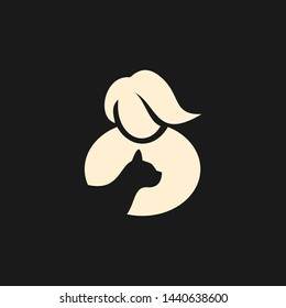 pet cat care training logo, women hug kitty icon design vector illustration