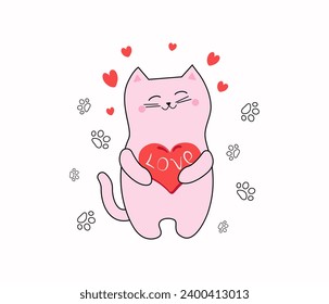 Pet, cat and cartoon heart with the inscription Love. Festive design, Valentine's Day. Kitten  cartoon icon, Valentine. Cat paw prints, footprints. Postcard, vector illustration, isolated background.