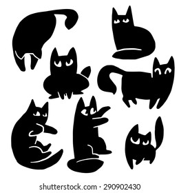 Pet cat cartoon silhouettes vector set with large expressive eyes