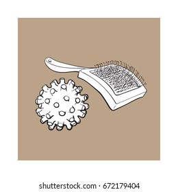 Pet, cat, dog accessories - hair grooming brush and rubber spiked bal, black and white sketch style vector illustration isolated on brown background.