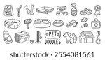 Pet Cat and Dog doodle hand drawn set elements. Pet stuff drawing isolated icons. Vector illustration