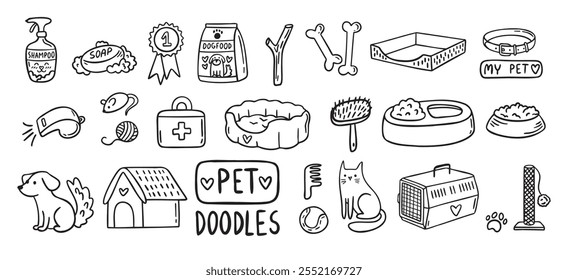 Pet Cat and Dog doodle hand drawn set elements. Pet stuff drawing isolated icons. Vector illustration