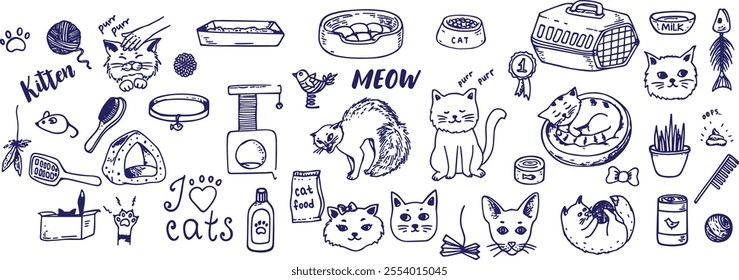 Pet Cat and Dog doodle hand drawn set elements.