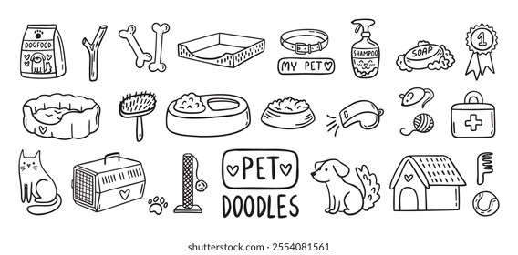 Pet Cat and Dog doodle hand drawn set elements. Pet stuff drawing isolated icons. Vector illustration