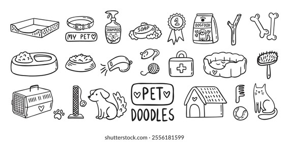 Pet Cat and Dog doodle hand drawn set elements. Pet stuff drawing isolated icons. Vector illustration