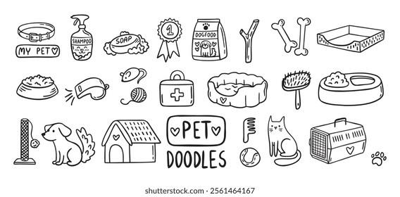 Pet Cat and Dog doodle hand drawn set elements. Pet stuff drawing isolated icons. Vector illustration