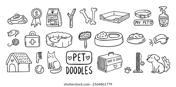 Pet Cat and Dog doodle hand drawn set elements. Pet stuff drawing isolated icons. Vector illustration