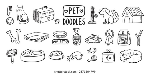 Pet Cat and Dog doodle hand drawn set elements. Pet stuff drawing isolated icons. Vector illustration