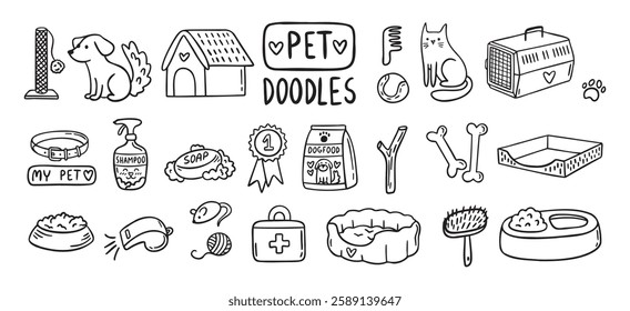 Pet Cat and Dog doodle hand drawn set elements. Pet stuff drawing isolated icons. Vector illustration