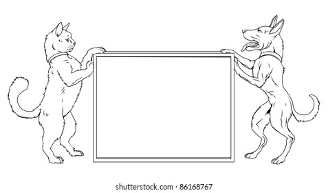 Pet cat and dog standing either side of a sign