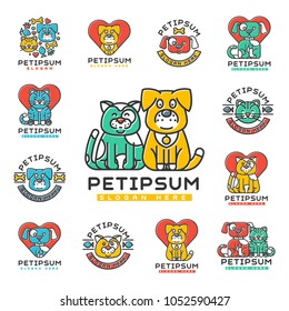 Pet cat and dog vector domestic insignia silhouette veterinary medical refuge shelter center for homeless pets animal element.