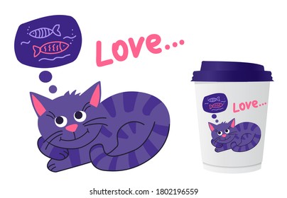 Сute pet cat is dreams of a fish. For printing on cup, t-shirts or Greeting card. Vector cartoon Illustration in flat.