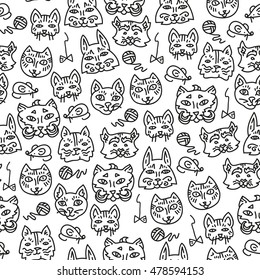 Pet cat face muzzle home seamless endless pattern doodle line design art childlike childish style. Line flat plane image wonderland coloring book for kids and adults. Ball of yarn, toy, play