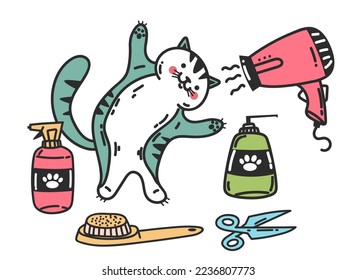 Pet cat grooming supplies domestic accessory isolated on white background. Vector flat graphic design element concept illustration