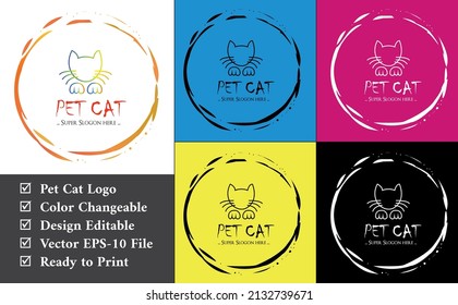Pet Cat logo design for Small Business, Sale, Store, Food, Day Care, Training, Photography, Veterinary, Shop, Toy Industry. Line drawing of a front facing cat and paw. Text says Pet Cat. 