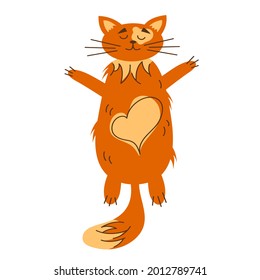 Pet cat is lying on his back, heart on his stomach, top view. Vector illustration in a flat cartoon style